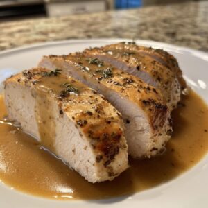 Four thick slices of juicy instant pot turkey breast covered in savory brown gravy and fresh thyme.