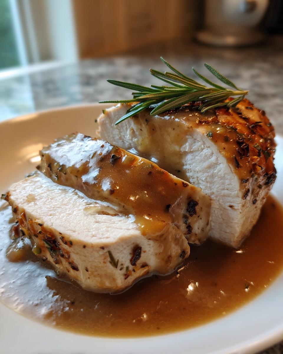 Close-up of sliced, juicy instant pot turkey breast covered in savory gravy and garnished with fresh rosemary.
