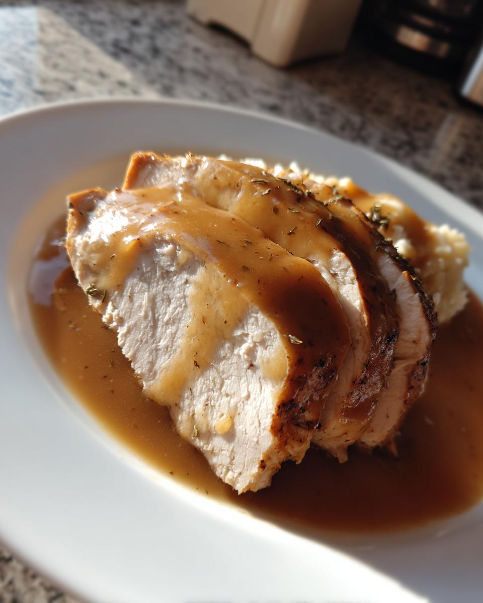 Three thick slices of juicy instant pot turkey breast covered in brown gravy, served on a white plate.