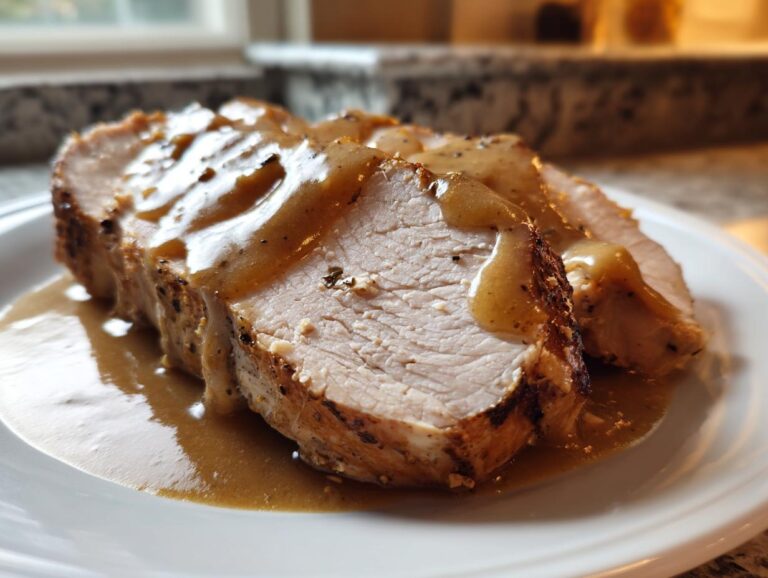 Slices of juicy instant pot turkey breast covered in rich brown gravy, served on a white plate.