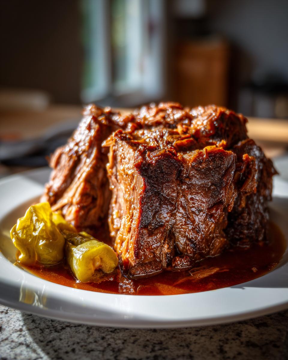 Close-up of tender Mississippi pot roast served on a white plate with rich gravy and two pepperoncini peppers.