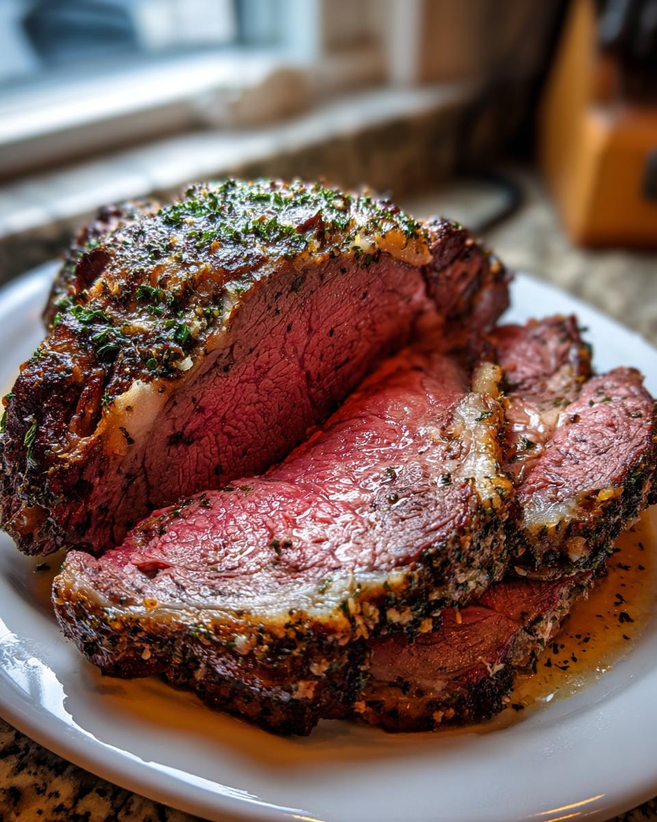 Close-up of a juicy standing rib roast, perfectly cooked medium-rare, sliced and seasoned with herbs.
