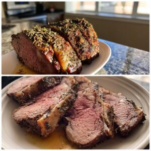 Close-up of a juicy standing rib roast, sliced to show a perfect medium-rare interior and herb crust.
