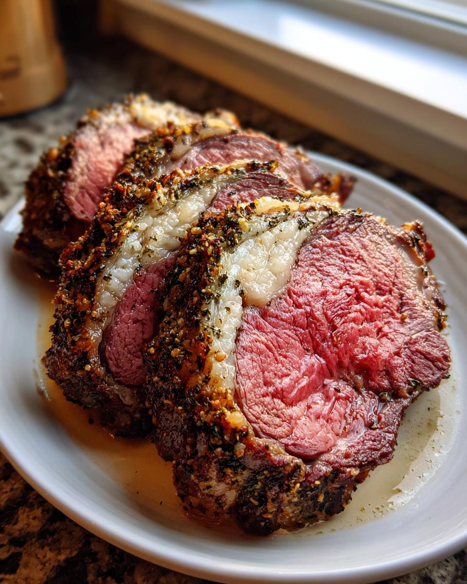 Three thick, juicy slices of standing rib roast with a dark herb crust, resting in their juices.