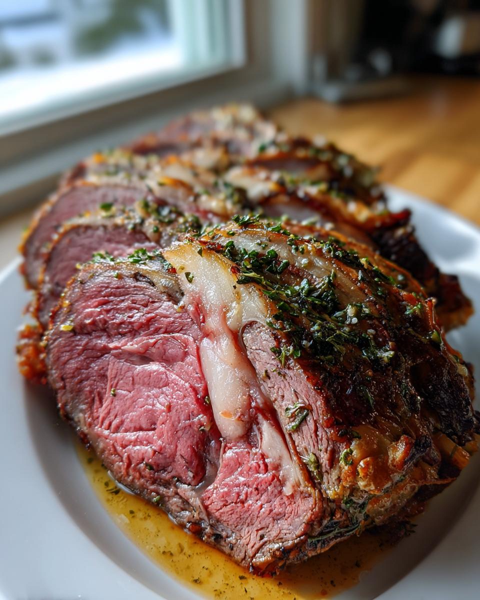 Close-up of medium-rare standing rib roast, sliced and drizzled with pan juices and herbs.