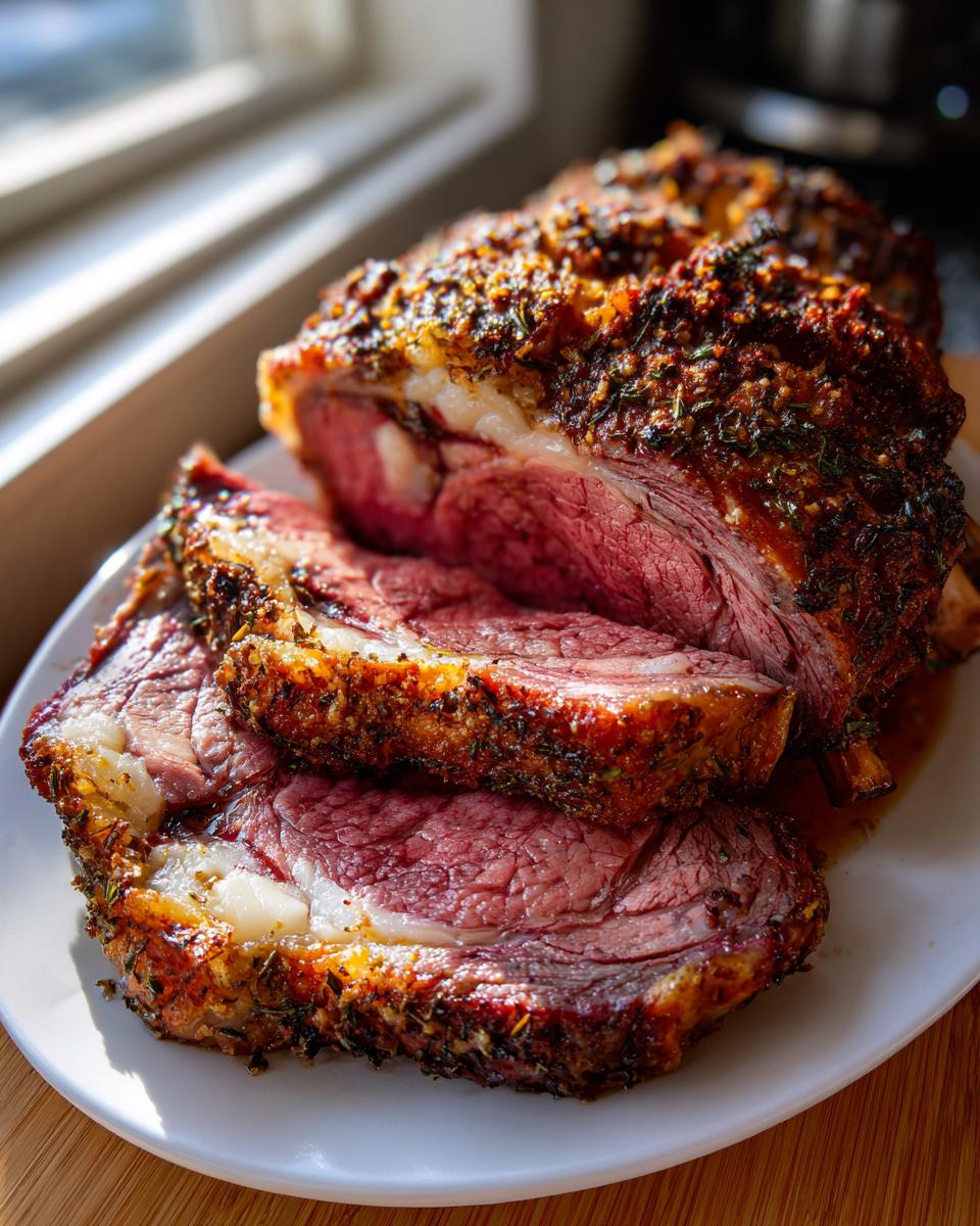 Close-up of a juicy standing rib roast, sliced to reveal a perfect medium-rare center and herb crust.