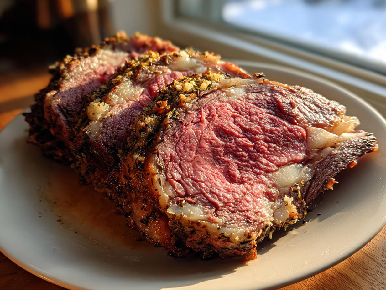 Slices of juicy standing rib roast with a seasoned crust, perfectly medium-rare, resting on a plate.