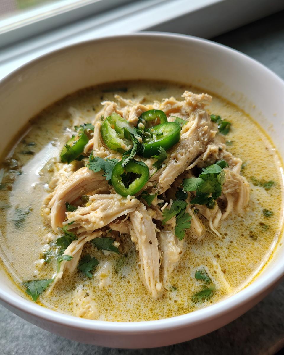 Close-up of a bowl of creamy keto white chicken chili topped with shredded chicken, cilantro, and sliced jalapeños.