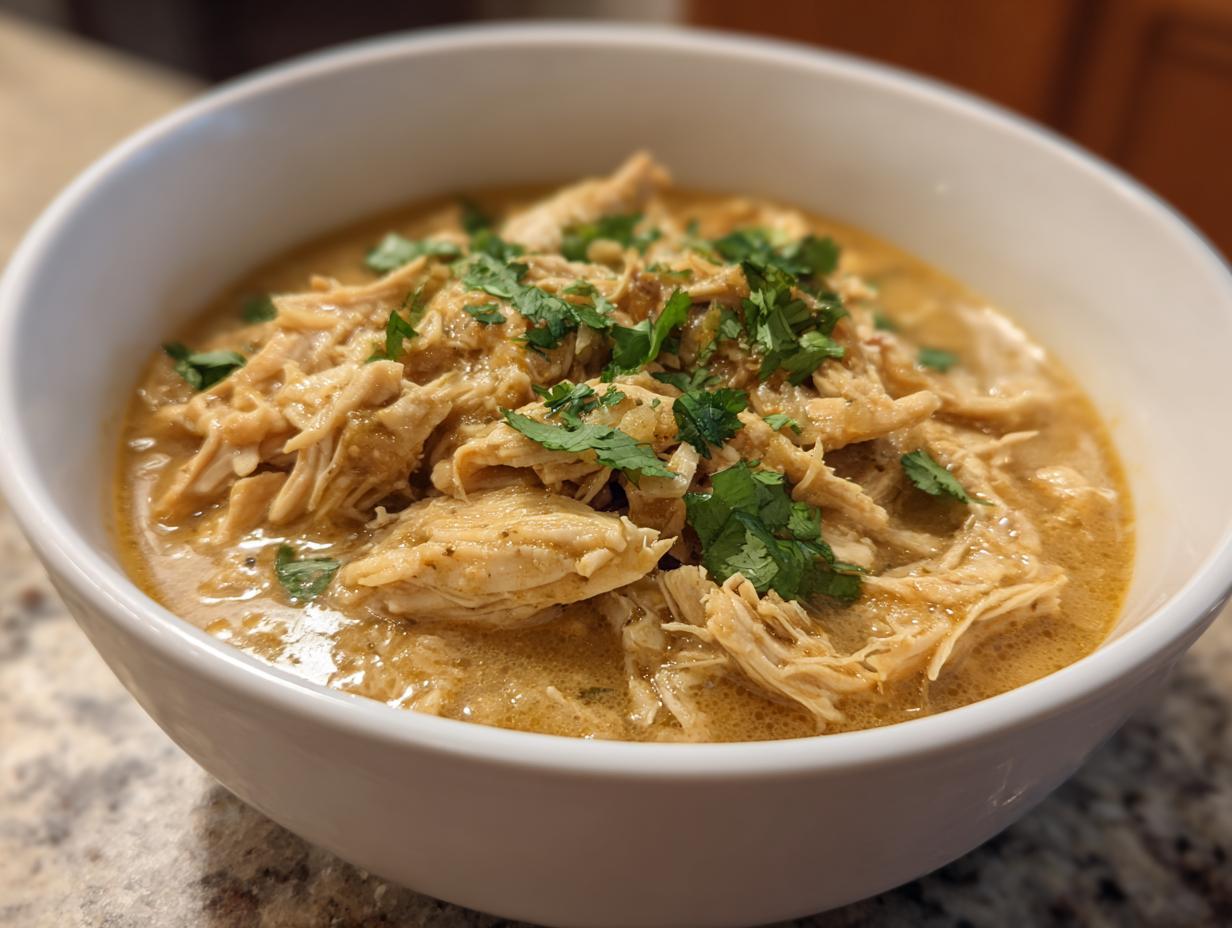A close-up of a white bowl filled with creamy keto white chicken chili, topped with fresh cilantro.