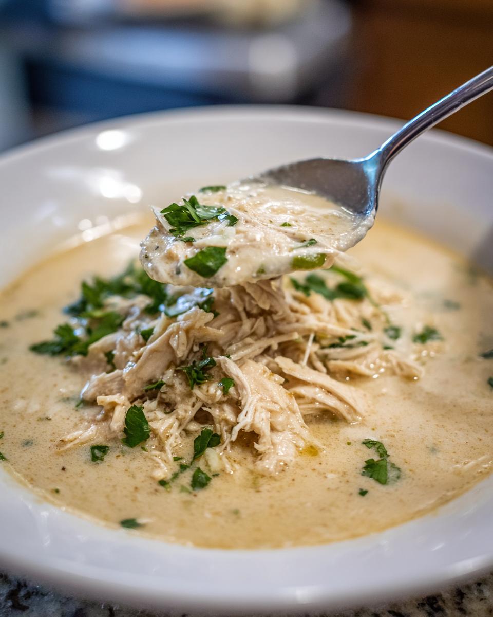A spoonful of creamy keto white chicken chili, loaded with shredded chicken and fresh parsley.