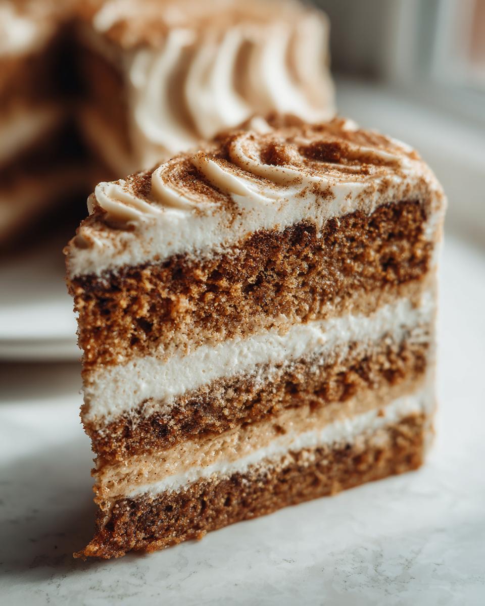 Close-up of a moist slice of layered spice cake with thick white frosting and a dusting of cinnamon.
