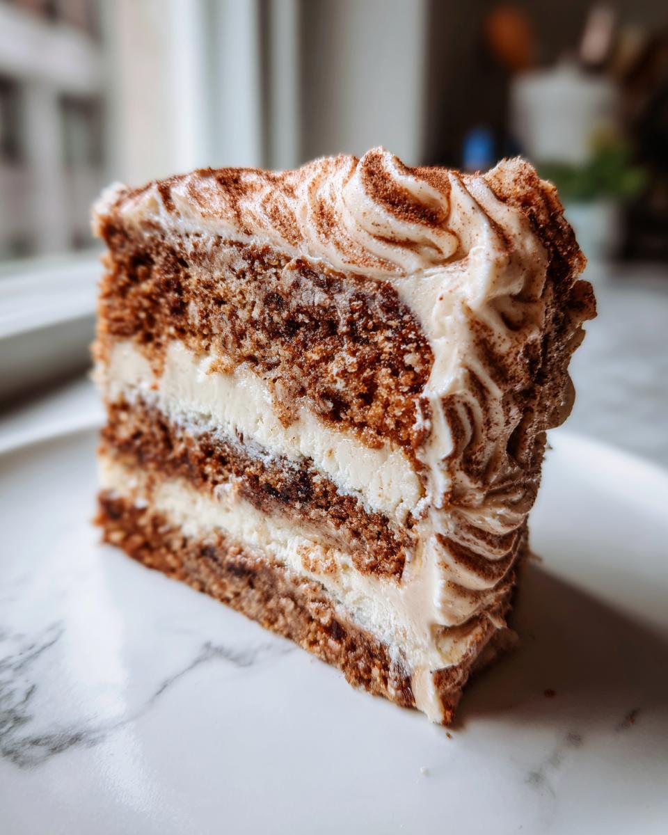 Close-up of a tall slice of layered spice cake with thick cream cheese frosting, dusted with cinnamon.