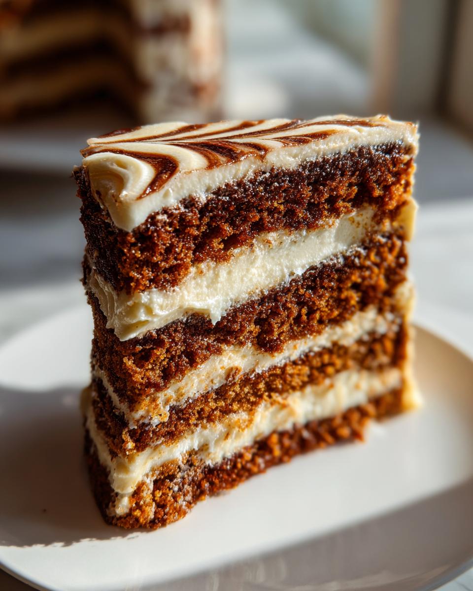 Close-up of a tall slice of moist spice cake layered with cream cheese frosting and a marbled topping.