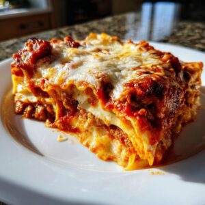 A close-up, appetizing slice of lazy lasagna featuring layers of pasta, meat sauce, and bubbly melted mozzarella cheese.