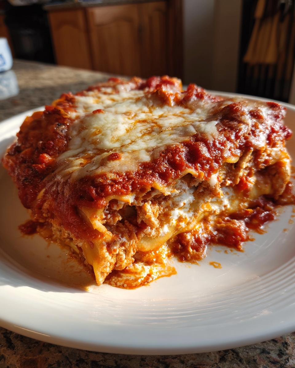 A generous slice of lazy lasagna covered in rich tomato sauce and melted mozzarella cheese, served on a white plate.