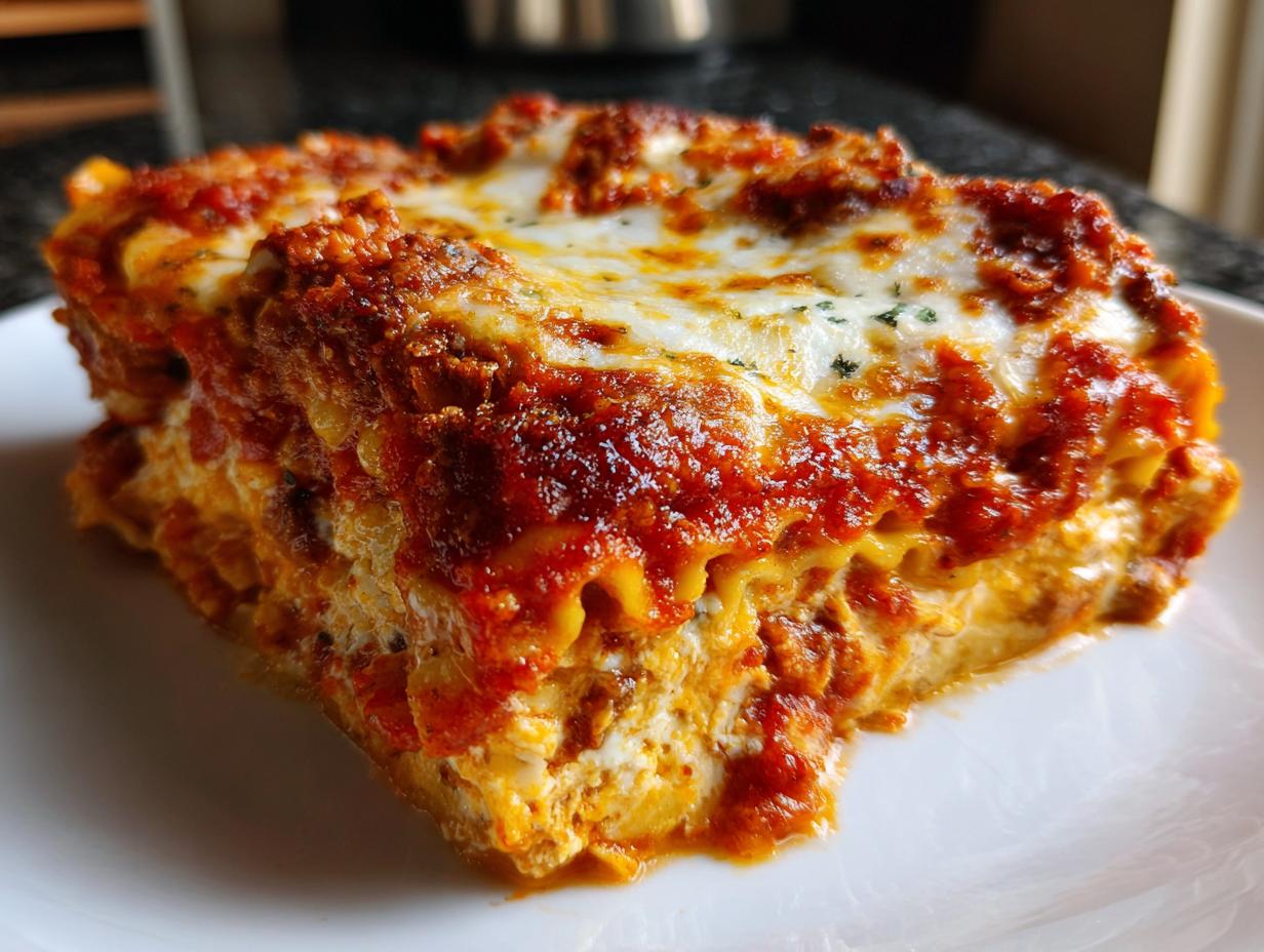 A close-up, mouthwatering slice of lazy lasagna showing layers of pasta, ricotta, and rich tomato sauce topped with melted cheese.