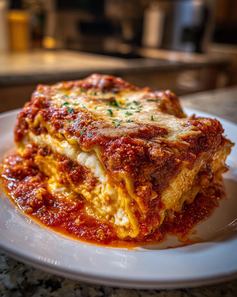 A thick, layered slice of lazy lasagna covered in rich tomato sauce and melted cheese, garnished with parsley.