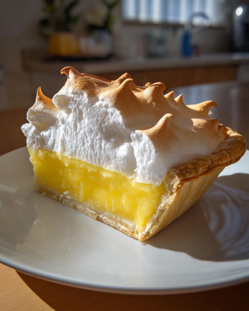 A close-up of a perfect slice of lemon meringue pie showing bright yellow filling and toasted meringue peaks.