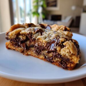 A thick, gooey slice of a levain bakery chocolate chip cookie showing melted chocolate chunks on a white plate.