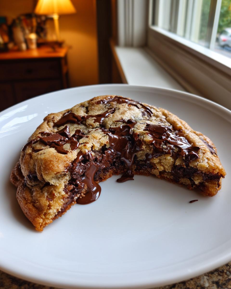 Close-up of a warm levain bakery chocolate chip cookie broken in half, showing gooey, melted chocolate pooling on a white plate.