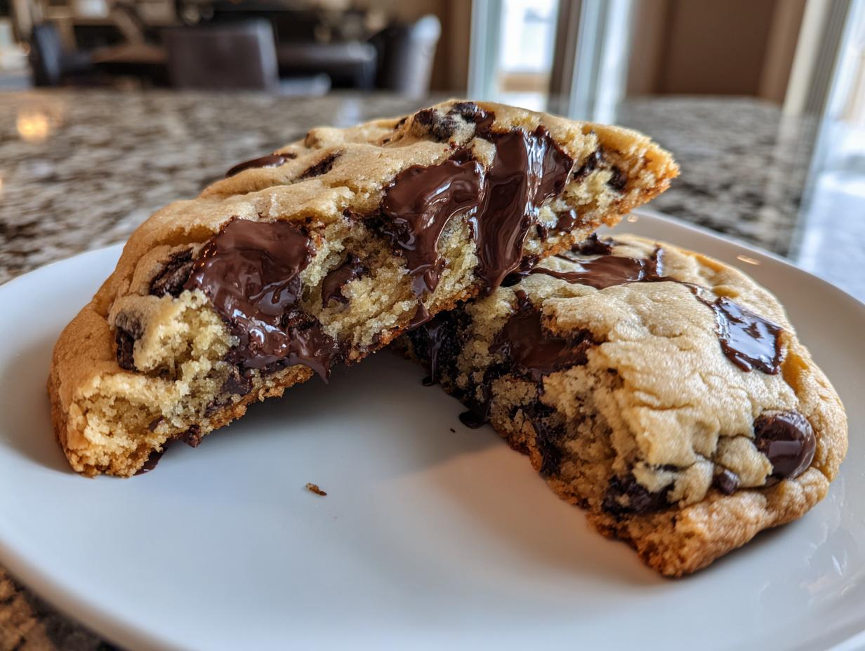 A close-up of a thick levain bakery chocolate chip cookie broken in half, showing gooey, melted chocolate.