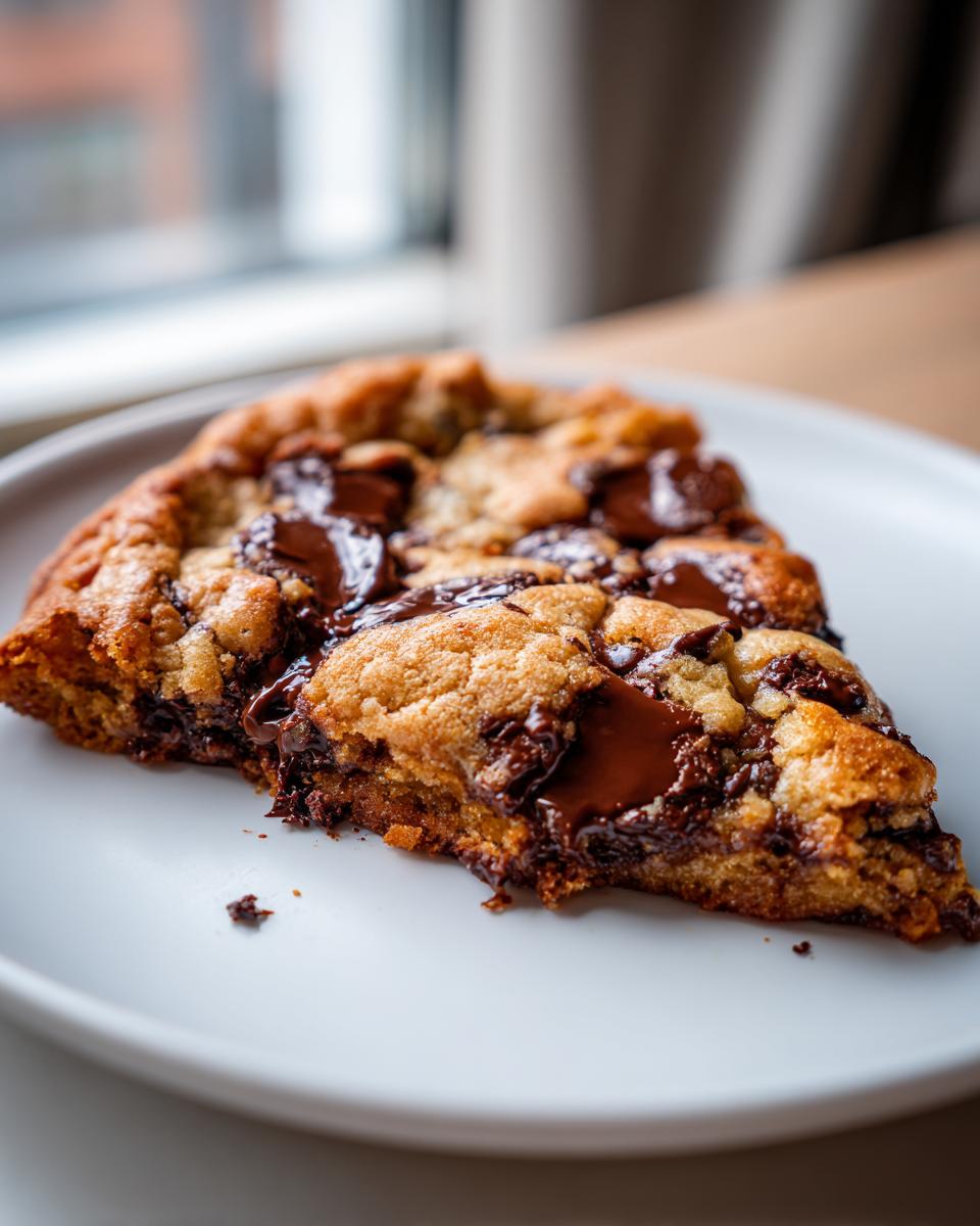 A thick, gooey slice of a levain bakery chocolate chip cookies, featuring melted dark chocolate chunks on a white plate.