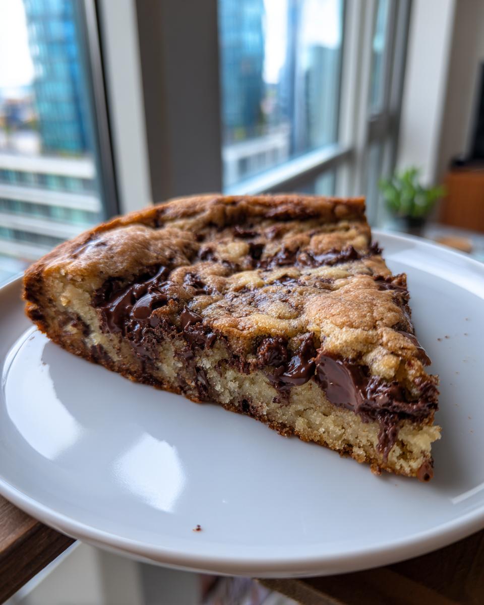 A thick, gooey slice of levain bakery chocolate chip cookies served on a white plate.