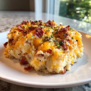 A generous serving of loaded mashed potato casserole topped with melted cheddar cheese, crispy bacon bits, and chives.