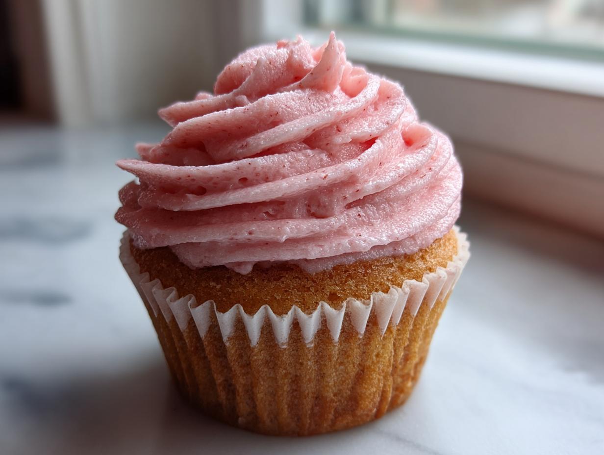 A single, delicious strawberry cupcake with perfectly piped pink strawberry frosting sits on a white surface.