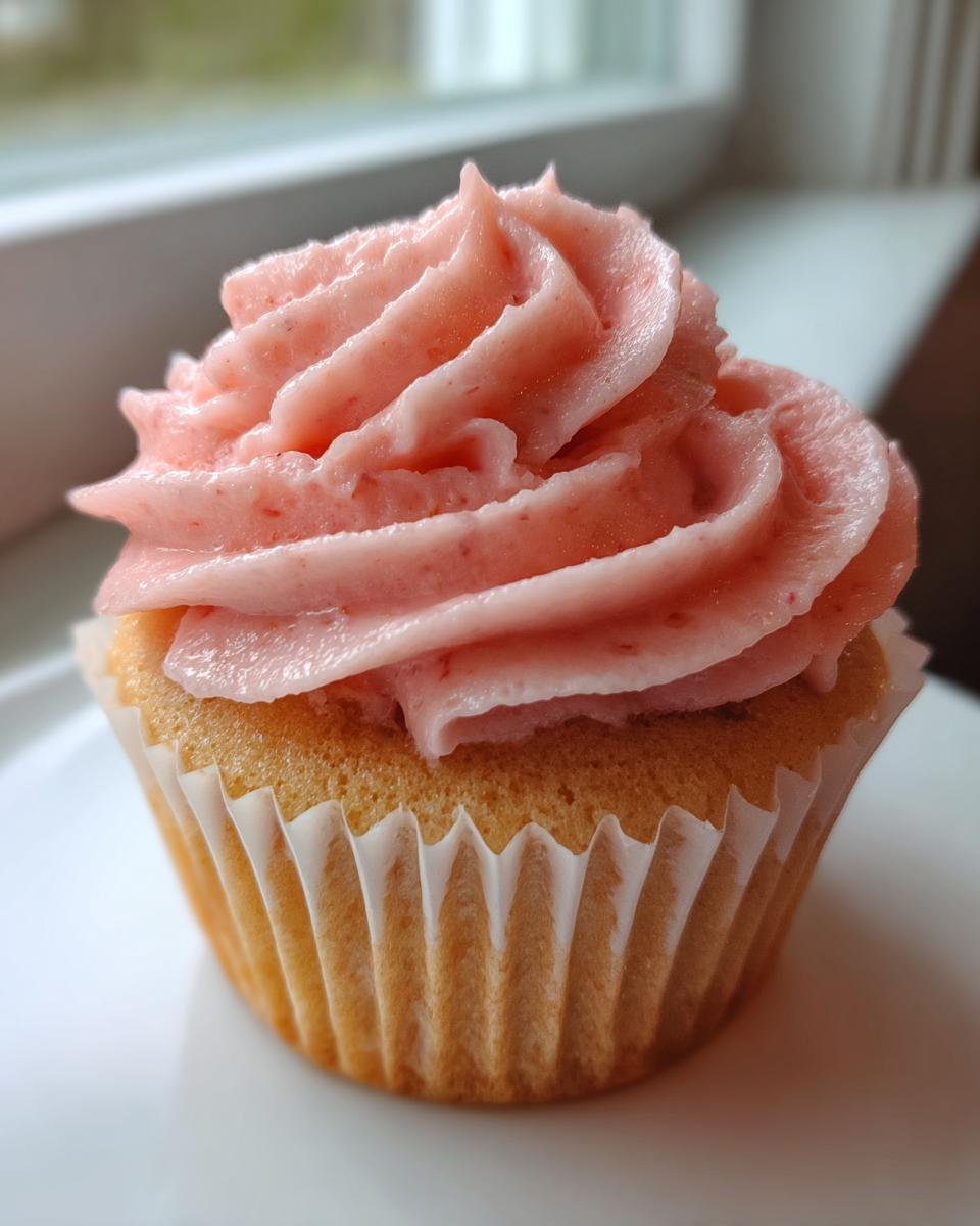Close-up of a single, light-colored cupcake topped with swirled pink strawberry frosting.