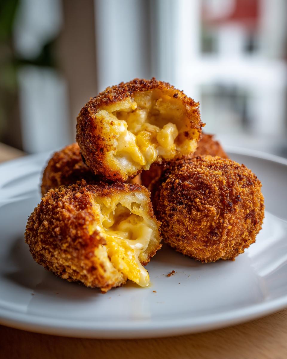 Close-up of deep-fried potato croquettes stuffed with melted macaroni and cheese, one is broken open.