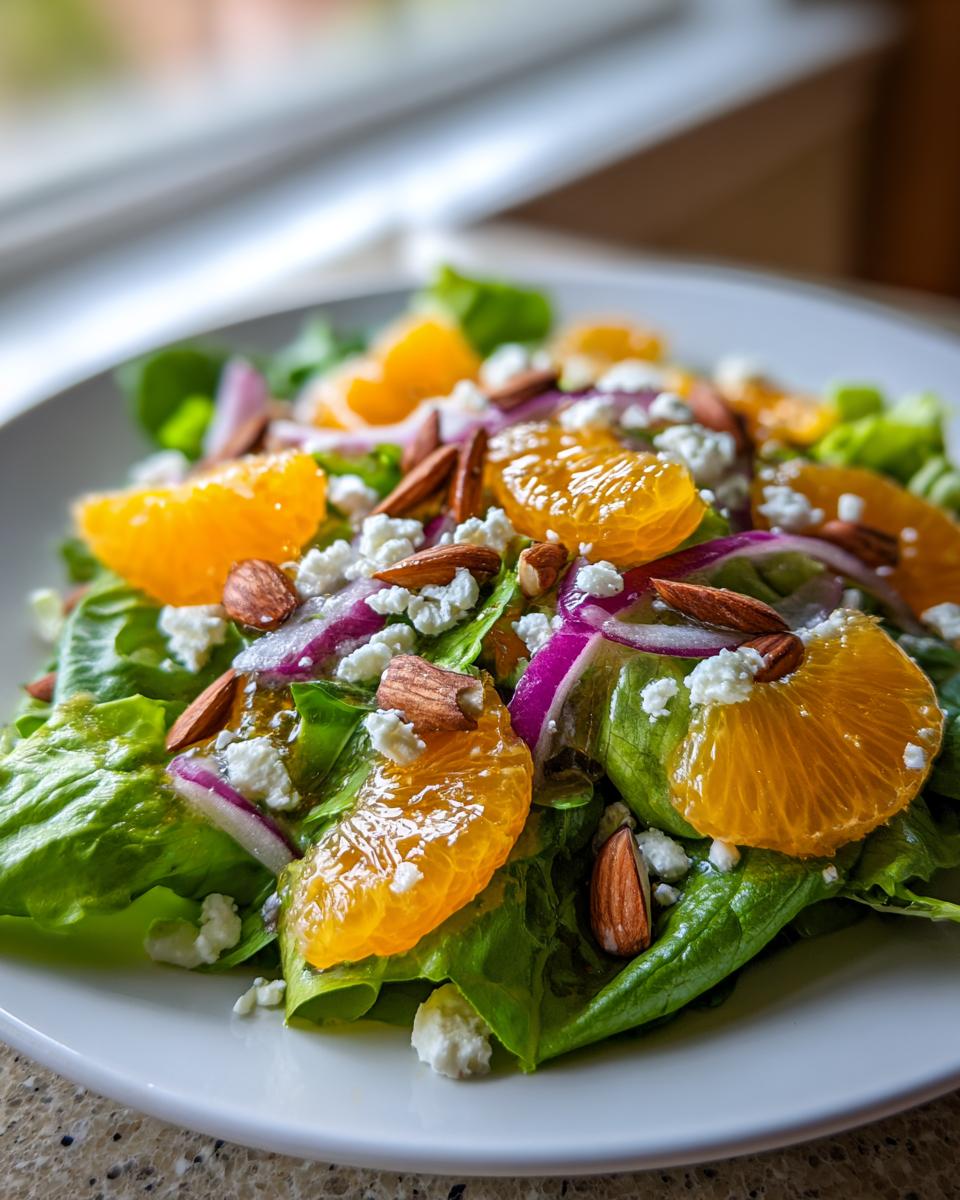 Close-up of a fresh mandarin orange salad featuring bright orange segments, feta cheese, sliced red onion, and slivered almonds on lettuce.