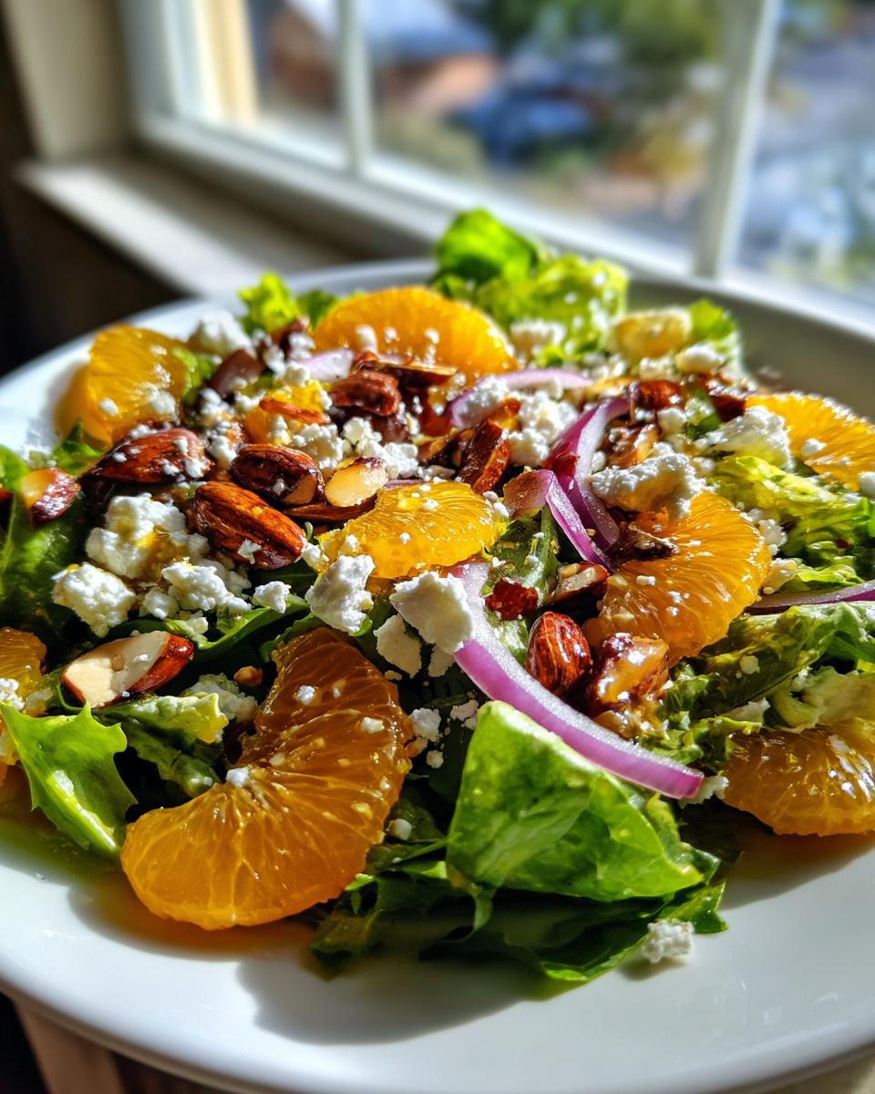 Close-up of a vibrant mandarin orange salad featuring lettuce, feta cheese, toasted almonds, and red onion slices.