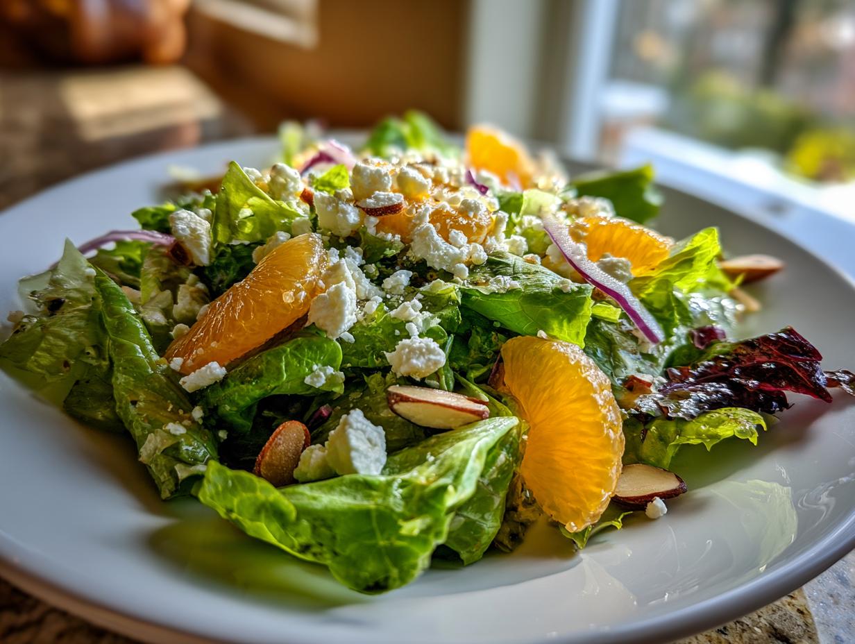 Close-up of a fresh mandarin orange salad featuring bright green lettuce, feta cheese crumbles, and sliced almonds.