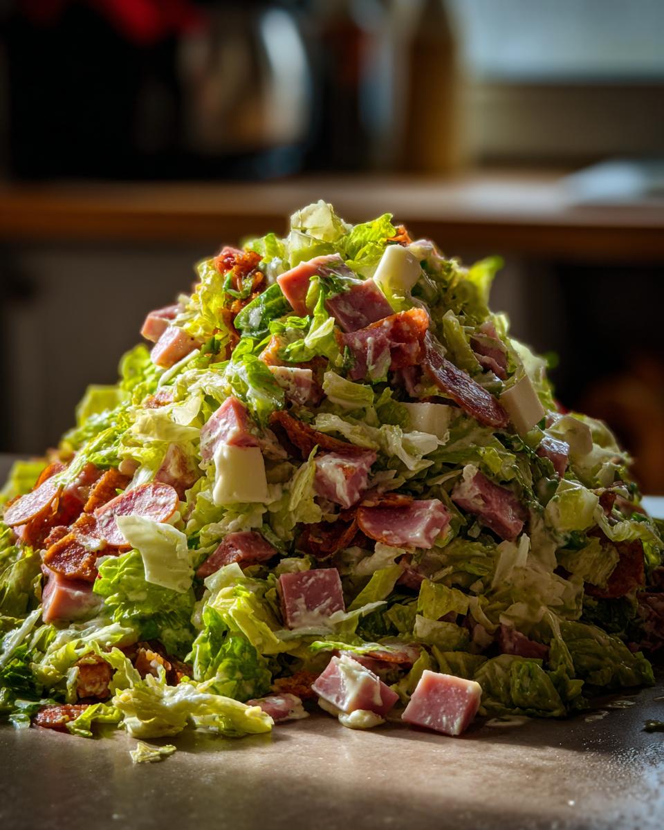 A large, overflowing mound of chopped lettuce, cubed meats, cheese, and dressing, representing a grinder salad.