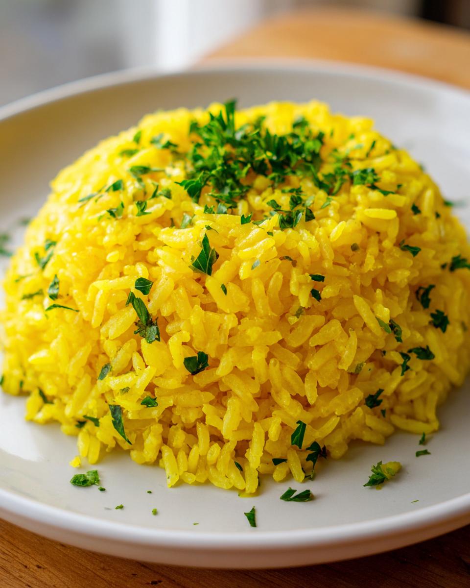 A mound of bright yellow mediterranean rice, seasoned and topped with fresh chopped parsley, served on a white plate.