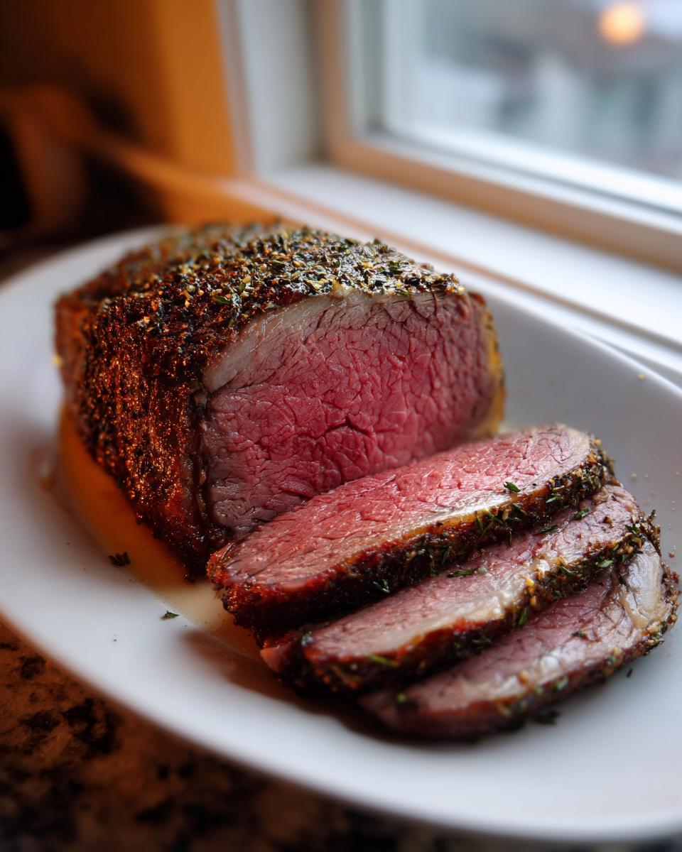 A beautifully crusted and sliced medium-rare prime rib roast resting on a white platter near a window.