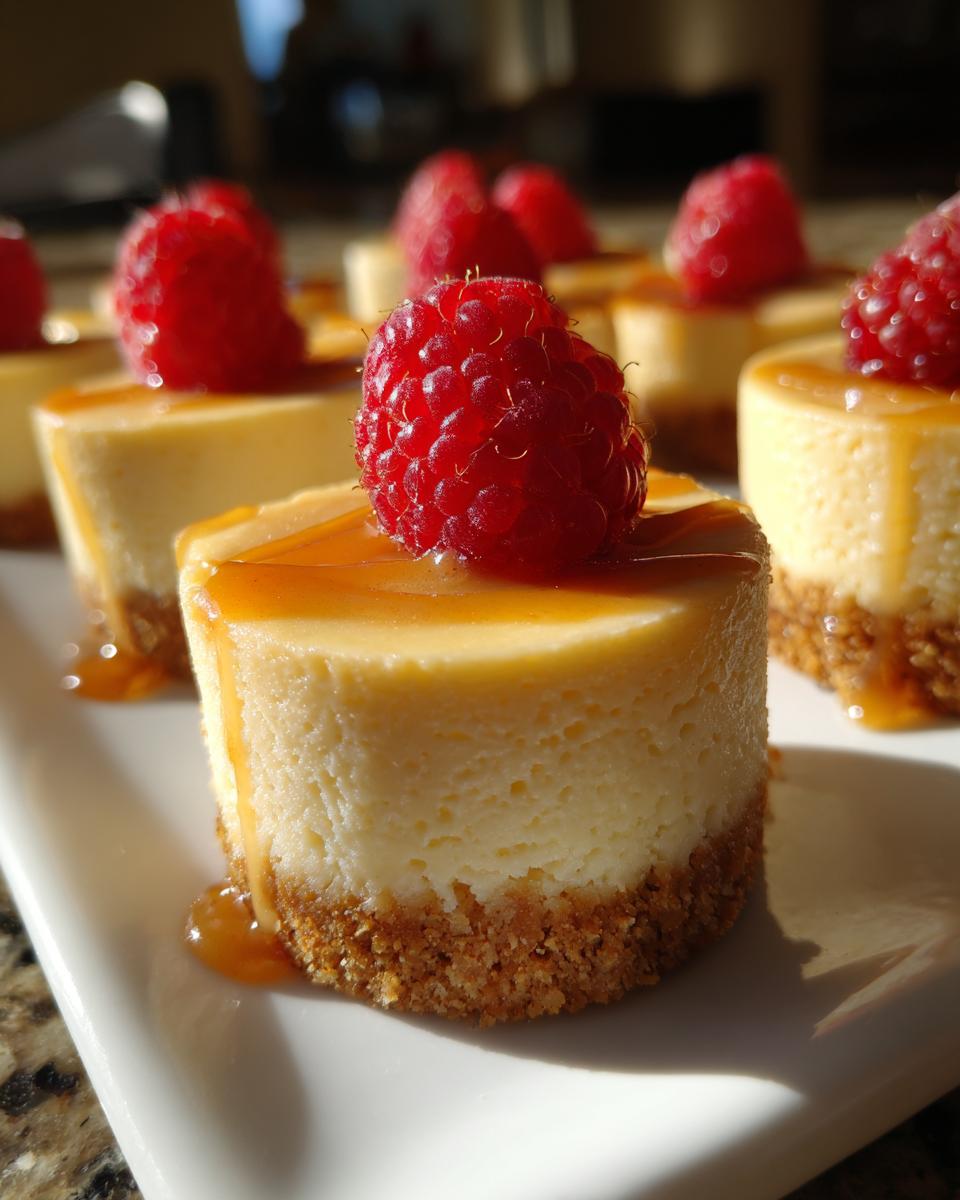 Close-up of a creamy mini cheesecake topped with caramel drizzle and a fresh raspberry.