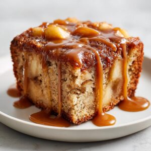 A square slice of moist apple dapple cake topped with chunks of apple and rich caramel sauce dripping down the sides.