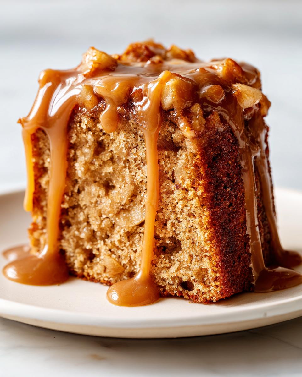 Close-up of a moist slice of apple dapple cake generously topped with warm caramel sauce and diced apples.