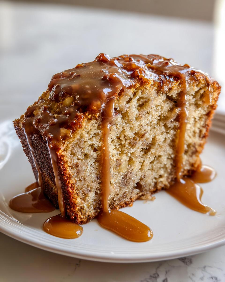 A thick slice of moist apple dapple cake topped generously with a rich caramel pecan drizzle.