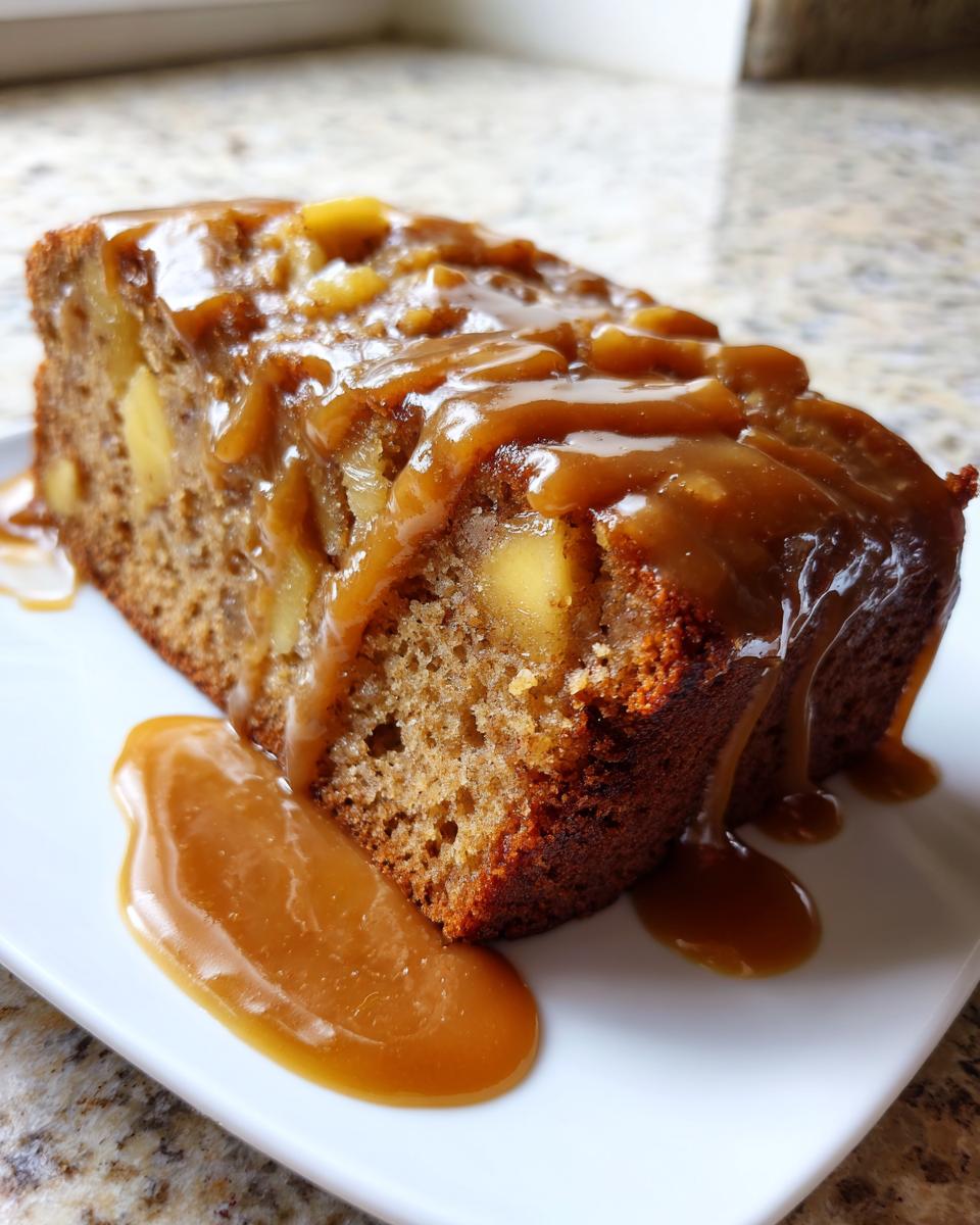 A close-up of a moist slice of apple dapple cake generously covered in thick caramel sauce.