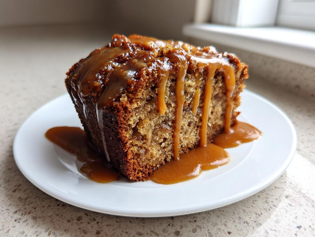 A moist slice of apple dapple cake generously topped with dripping caramel sauce on a white plate.