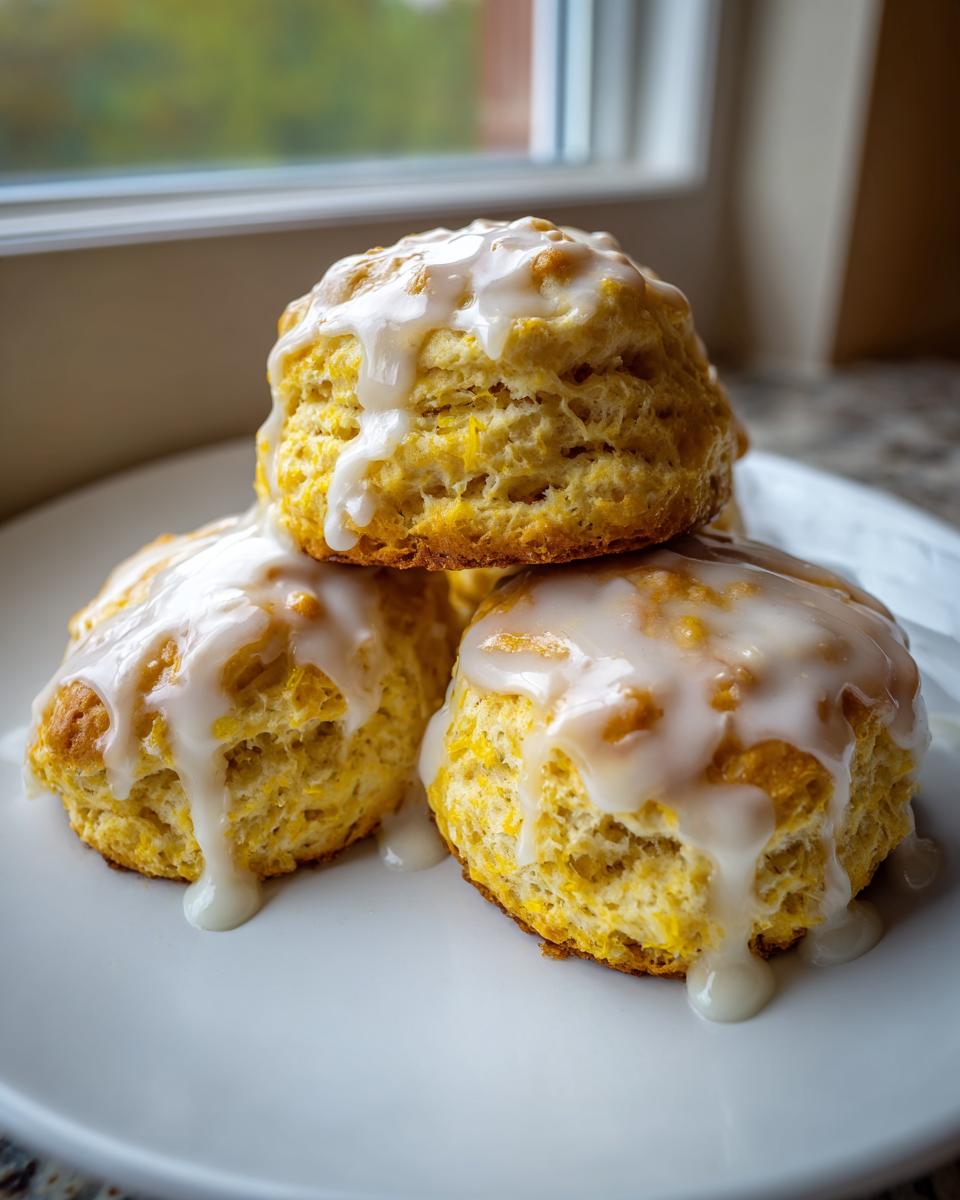 Three stacked, moist lemon scones topped with a thick, dripping white lemon glaze.