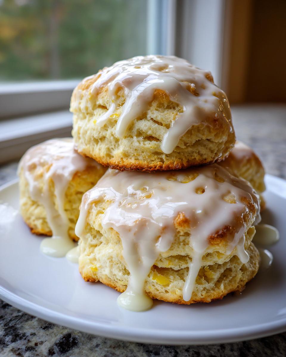 A stack of four fluffy lemon scones generously topped with a thick, white lemon glaze icing.