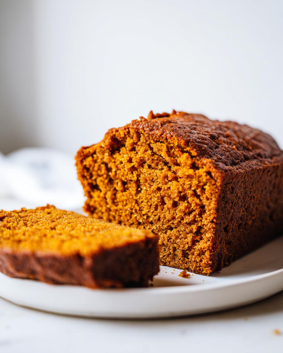 A close-up of a freshly baked, moist pumpkin bread loaf with one thick slice cut and resting beside it on a white plate.