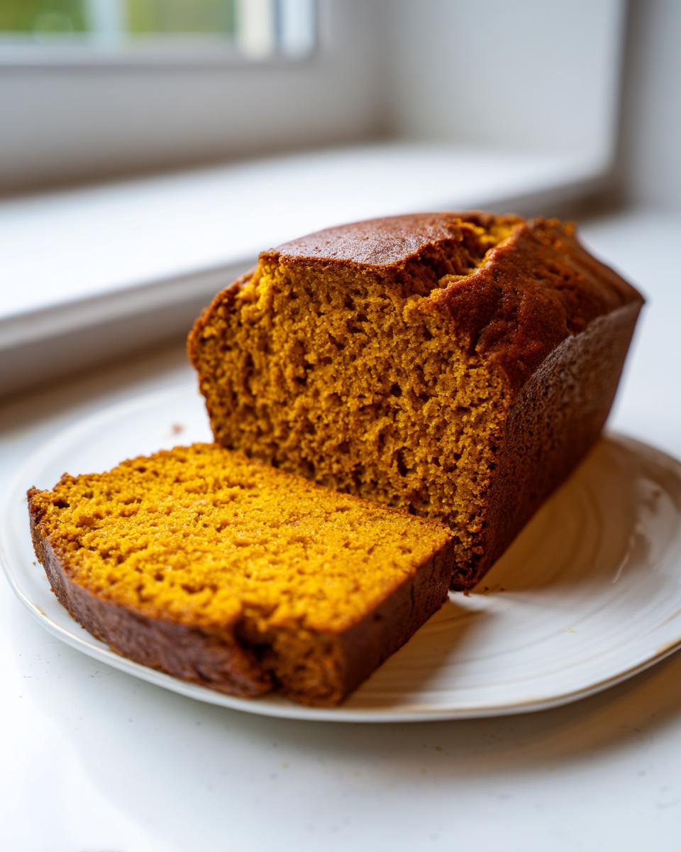A rich, orange-colored slice of moist pumpkin bread resting next to the main loaf on a white plate.