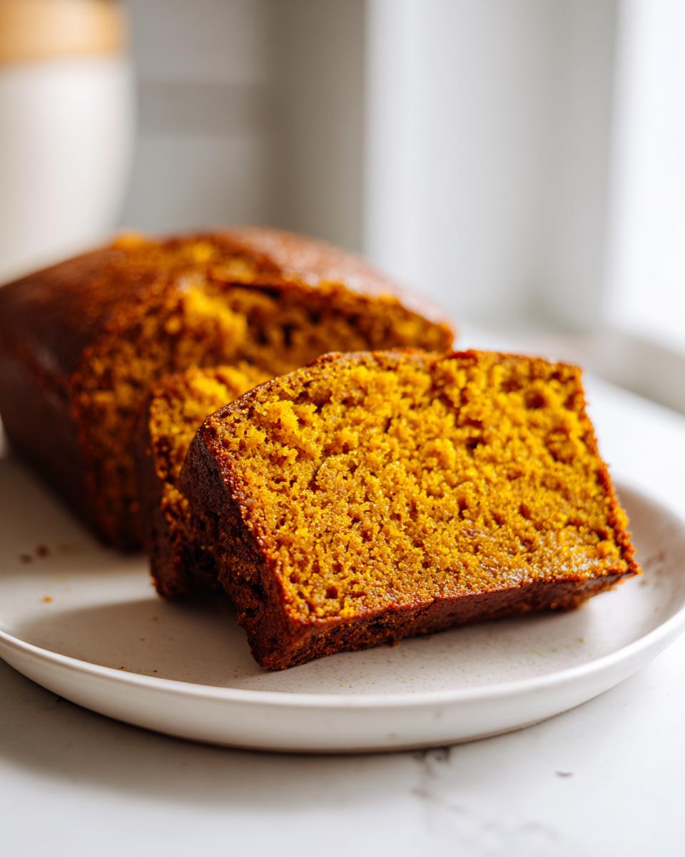 A thick slice of vibrant orange moist pumpkin bread showing its dense, tender crumb texture on a white plate.