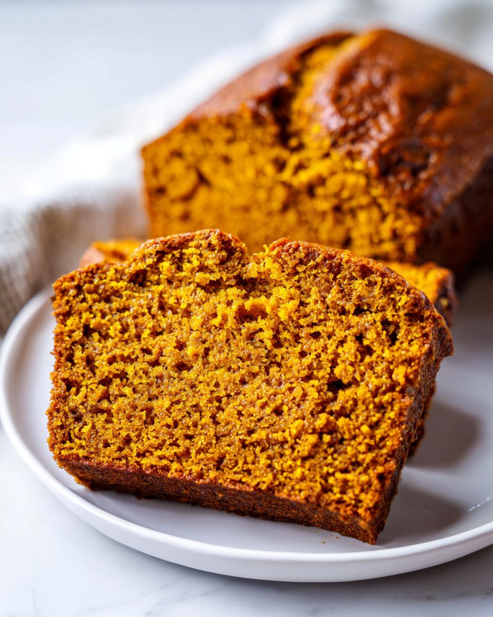 A thick slice of incredibly moist pumpkin bread showing its rich orange color and tender crumb texture.