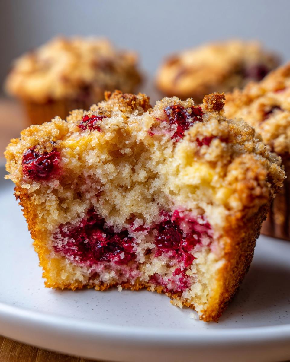 Close-up of a moist raspberry muffin cut in half, showing bright red raspberries and a crumbly streusel topping.